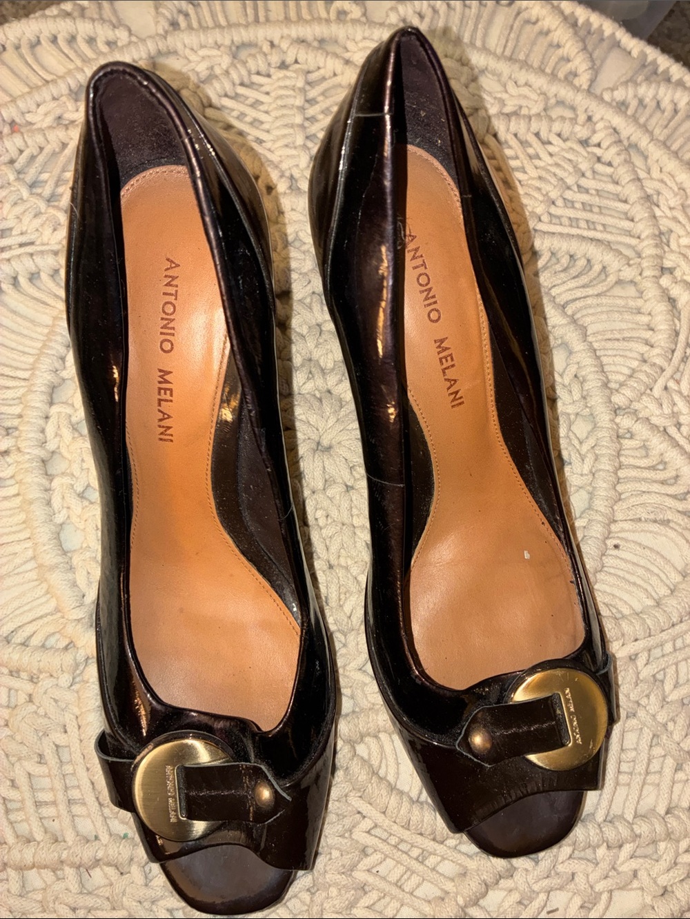 ANTONIO MELANI Black Patent Peep-Toe Heels with Gold Buckle